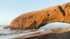 Legzira Beach Morocco with natural rock arches and ocean coastline landscape