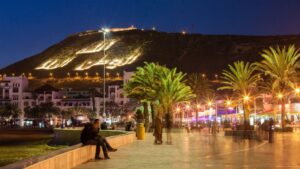 Agadir beach at night with lights and promenade atmosphere for things to do in Agadir at night